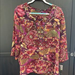 Notations Sheer Pink Red 3/4 Sleeve embroidered Blouse